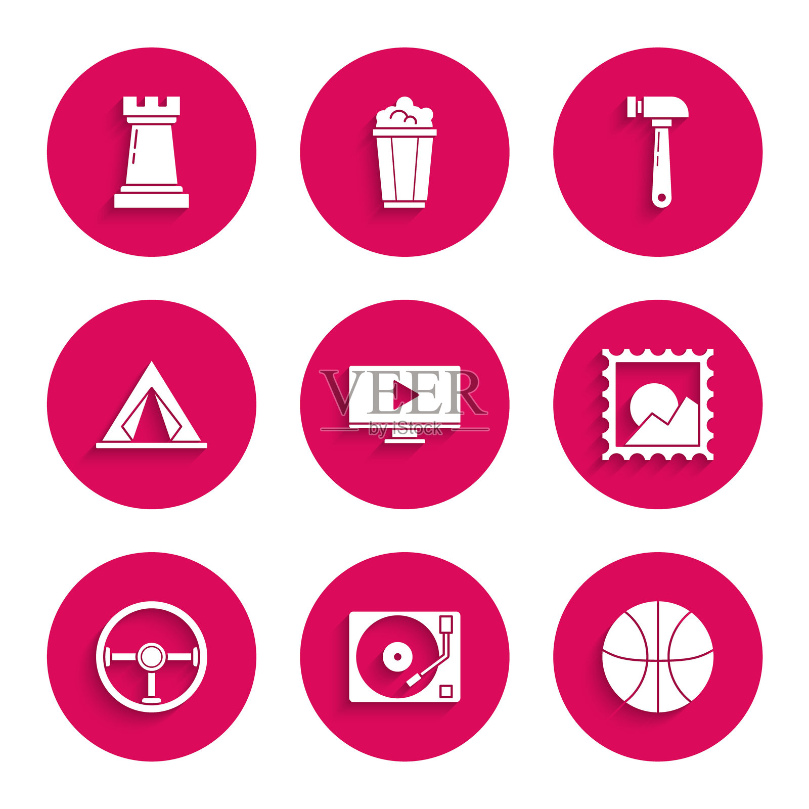 在线播放视频,黑胶唱片播放器与黑胶唱片,篮球,风景图片,方向盘,旅游帐篷,锤子和象棋符号图标。矢量图。插画图片素材