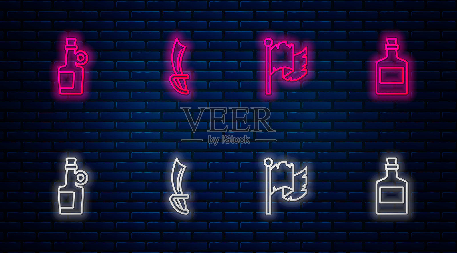 海盗剑、旗帜、酒精饮料朗姆酒的线条图标,发光的霓虹图标在砖墙上。矢量图。插画图片素材