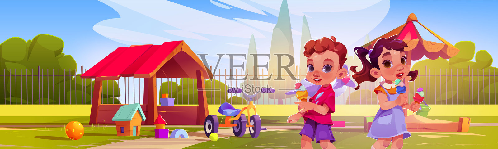 孩子们在操场上享用冰淇淋。插画图片素材