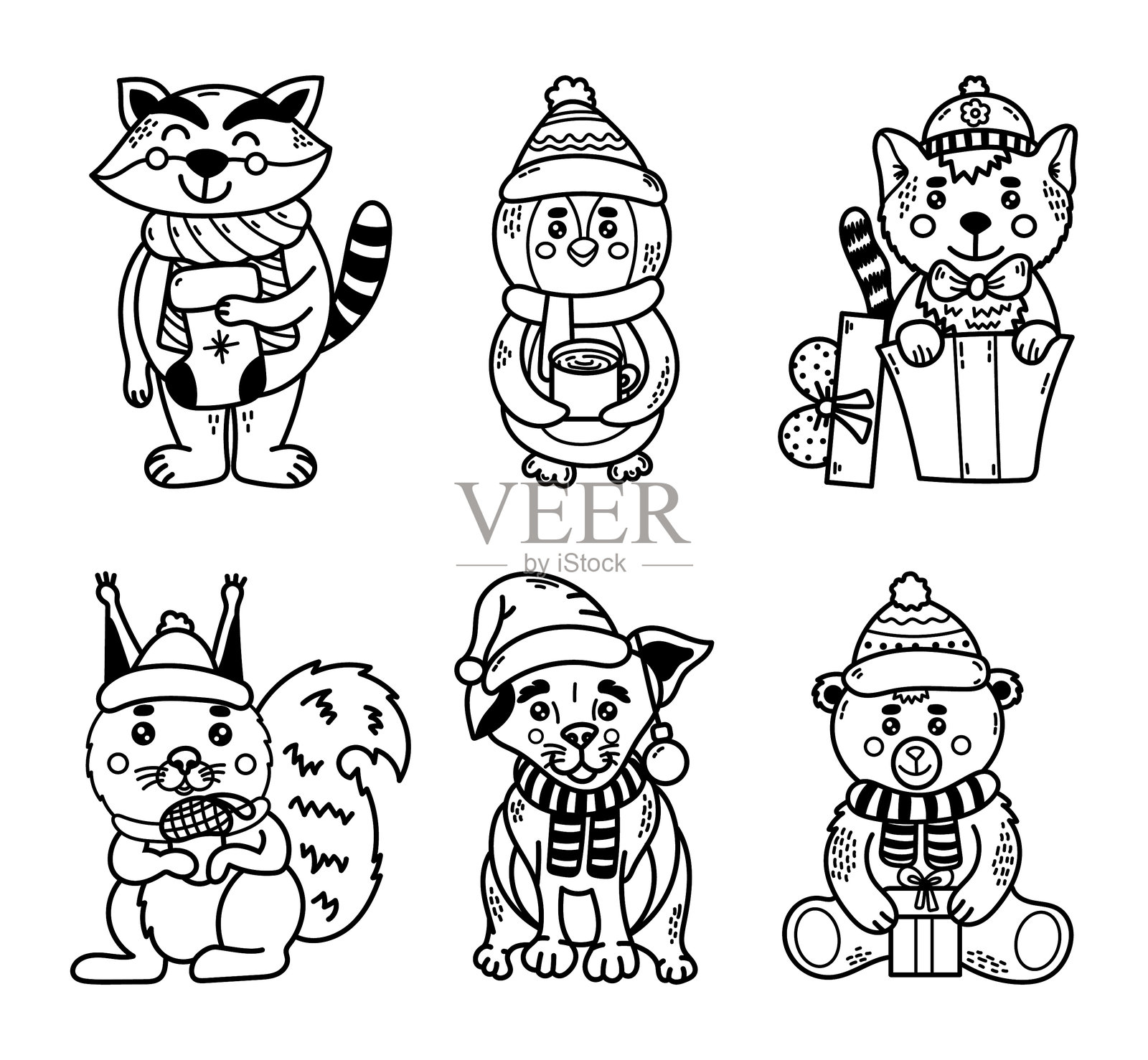 新年主题的线条画,适合儿童,描绘了可爱的冬季动物,包括浣熊、松鼠、熊、企鹅、猫和小狗。插画图片素材