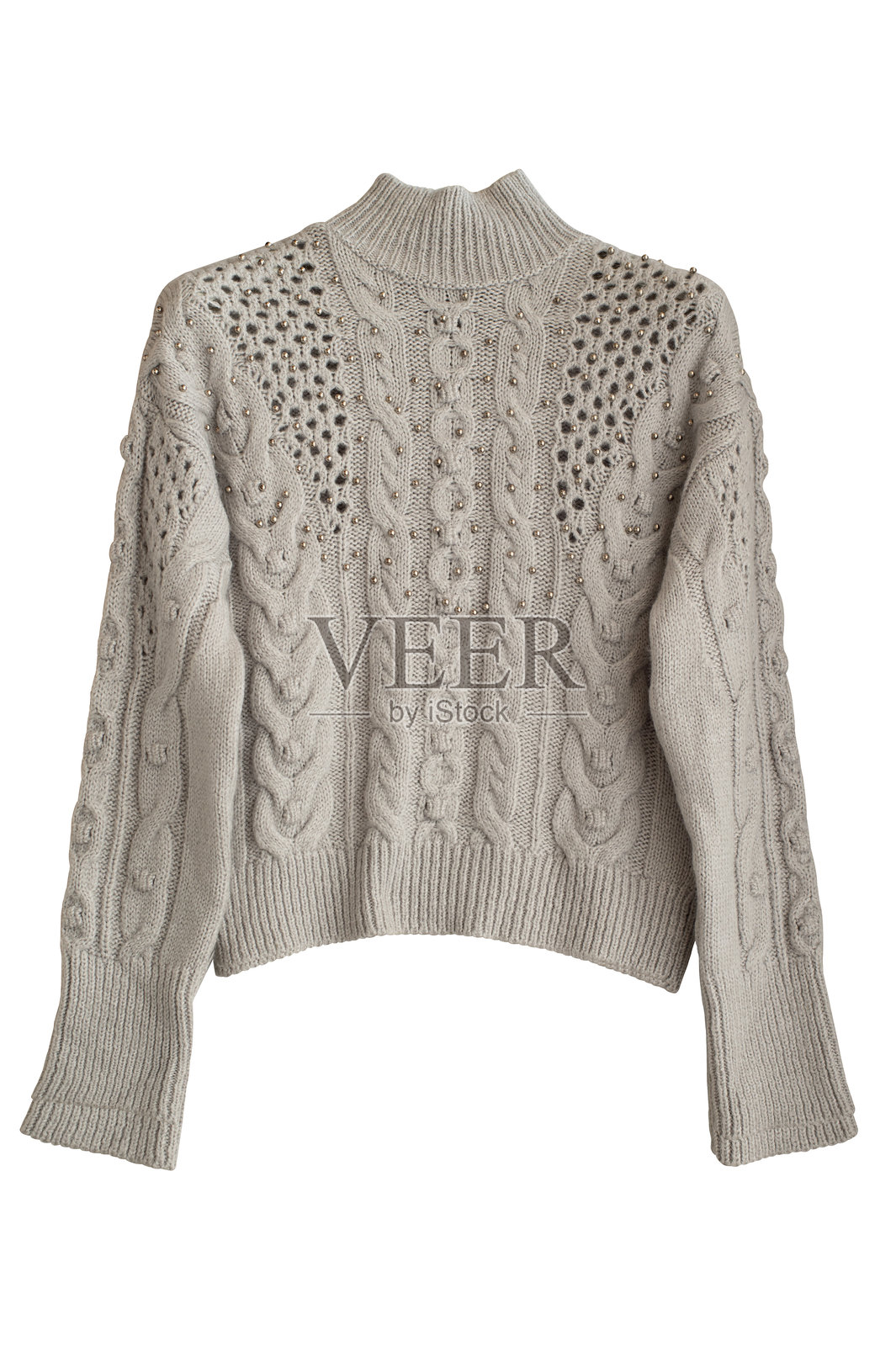 灰色带图案的女性针织毛衣,孤立在白色背景上。毛衣的俯视图。照片摄影图片