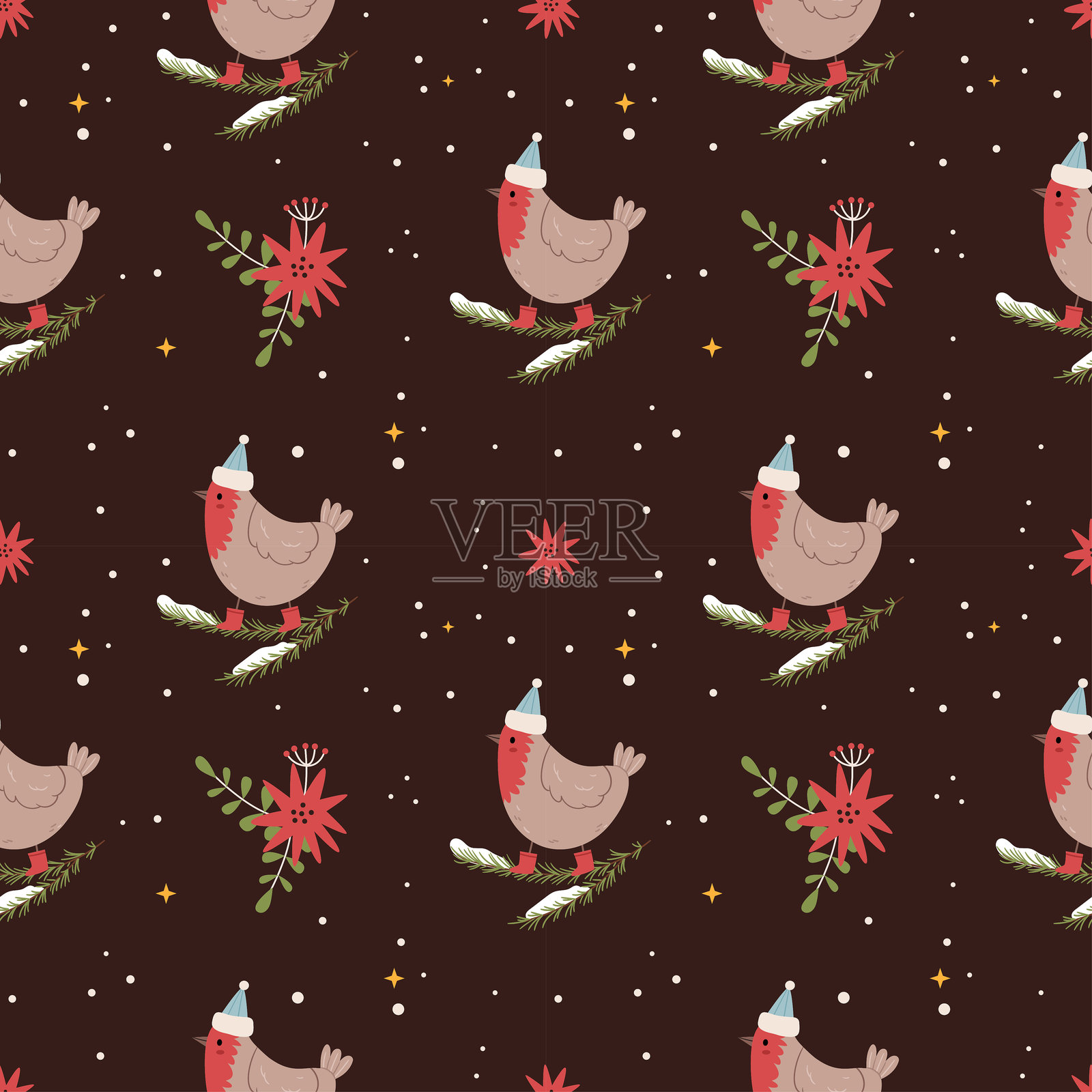 圣诞图案的红腹灰雀栖息在圣诞树枝上。冬季鸟类戴着帽子。插画图片素材