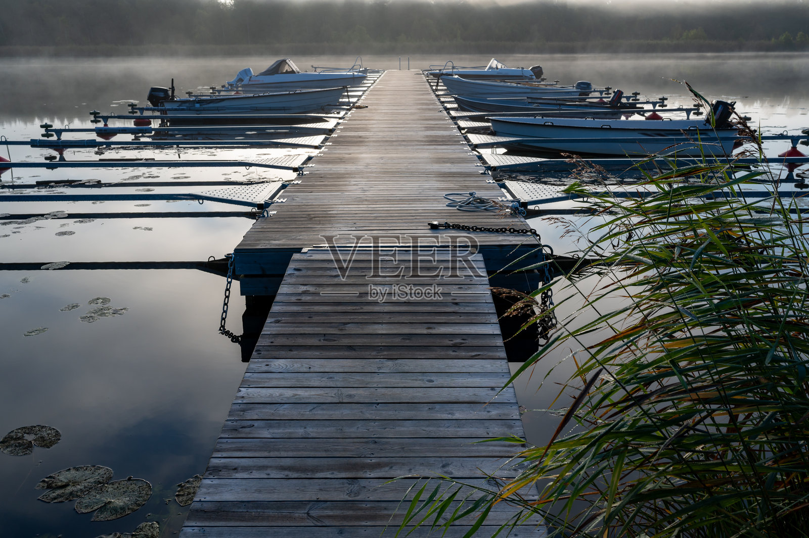 瑞典莫塔拉清晨的木栈桥上的摩托艇照片摄影图片