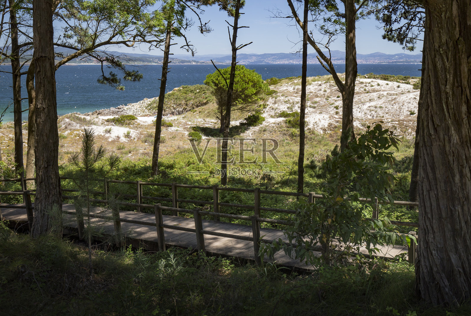 沙丘间的木栈道细节,通往河流的入口。照片摄影图片