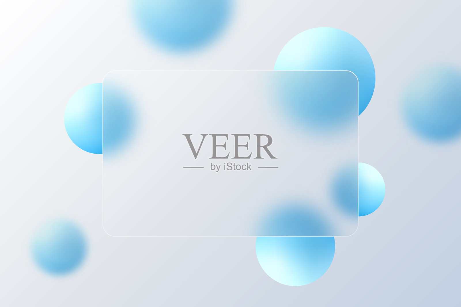 玻璃形态网站着陆页模板。磨砂玻璃隔断与漂浮的蓝色球体。插画图片素材