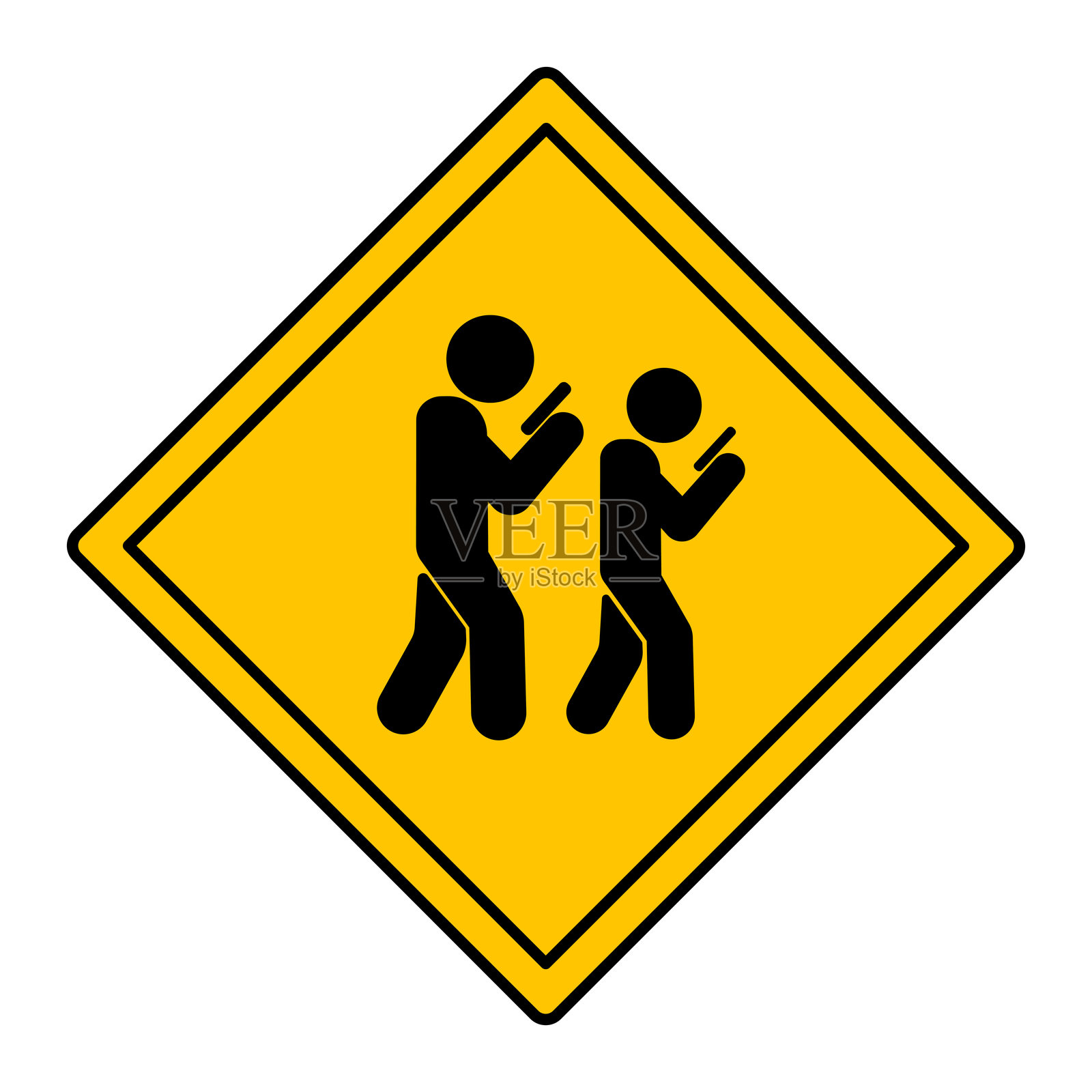 黄色标志:小心智能手机僵尸。矢量图标。幽默的菱形标志。人们不断盯着手机。插画图片素材