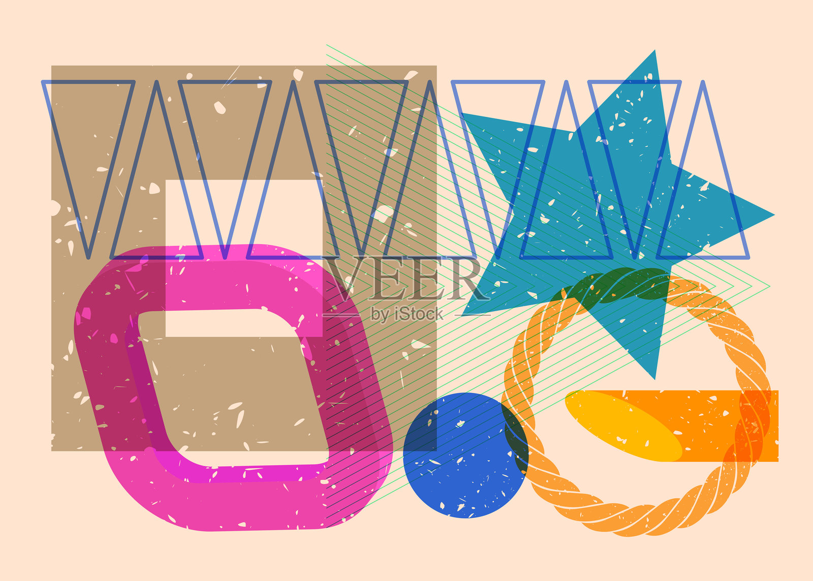 色彩丰富的几何形状。时尚的丝网印刷设计中的物体。几何元素的抽象丝网印刷纹理风格。插画图片素材