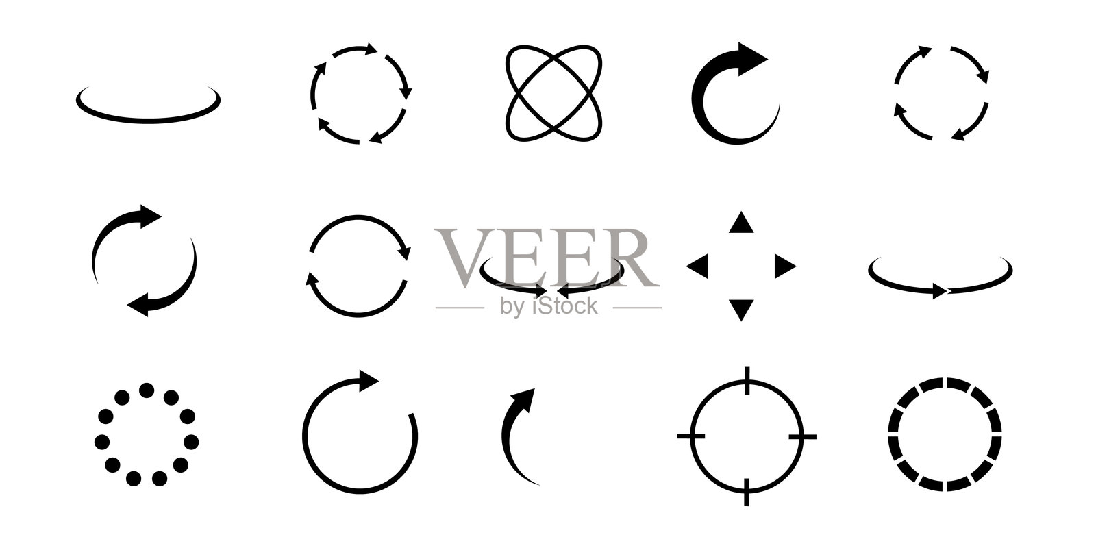 360度视图。带箭头的标志指示旋转或360度全景。矢量插图。插画图片素材