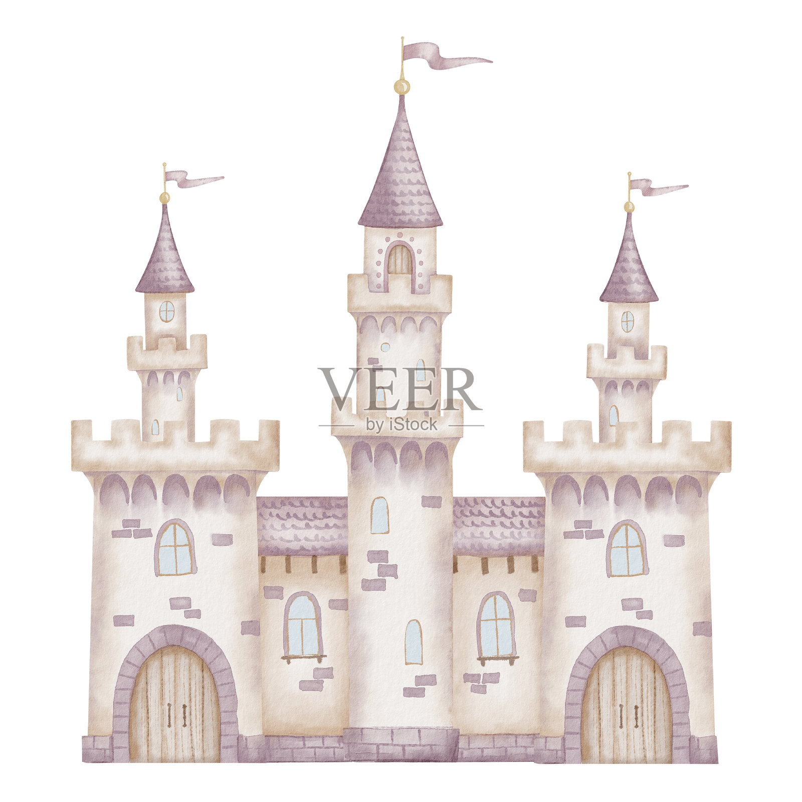 水彩插图的城堡。童话般的宫殿插图,带有粉色调的塔楼,适用于婴儿贺卡和女孩的婴儿房墙面艺术。儿童设计和童趣海报的魔法堡垒。插画图片素材