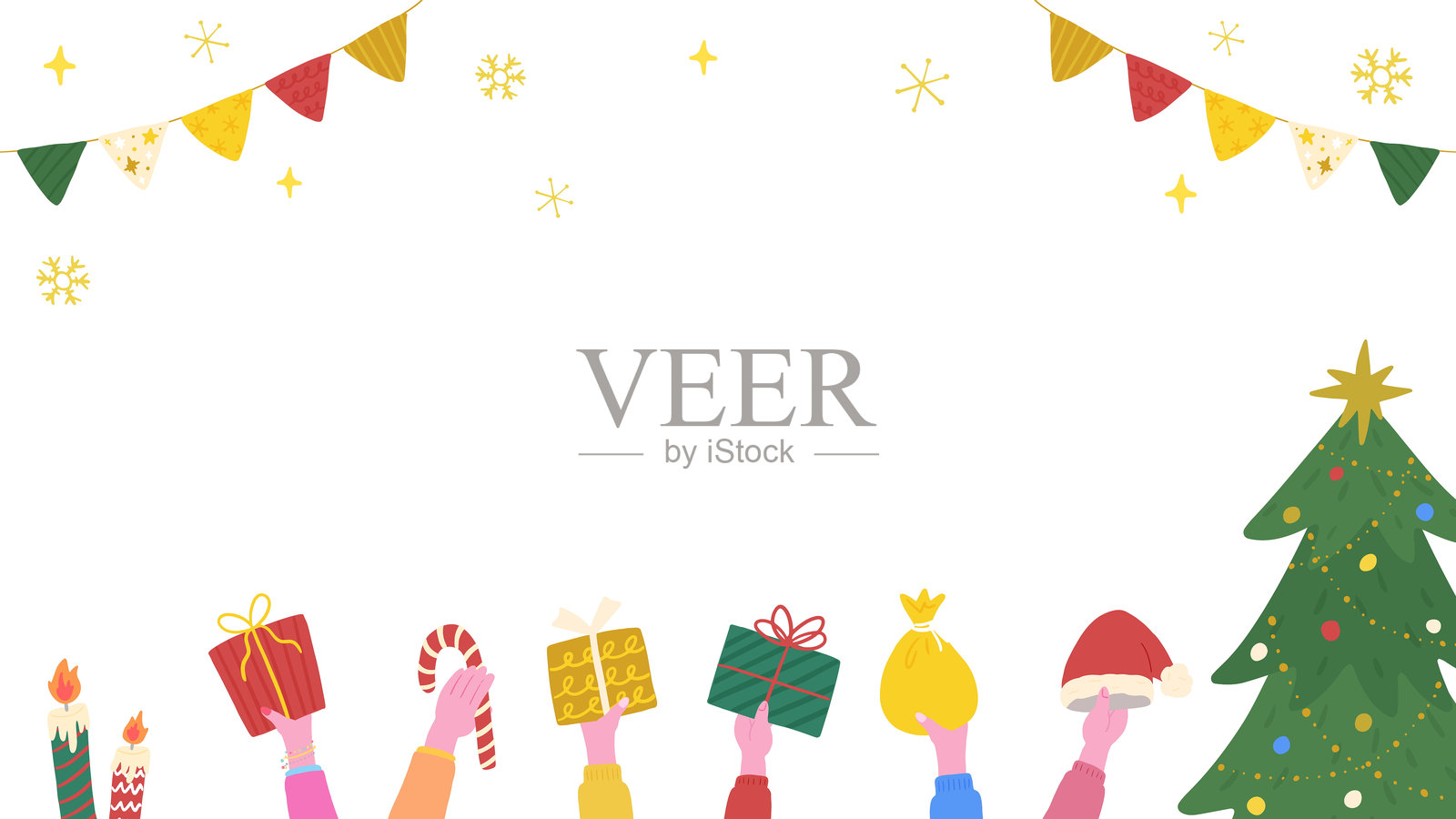 圣诞节,手握礼物,派对和圣诞树,可爱的手绘插图插画图片素材