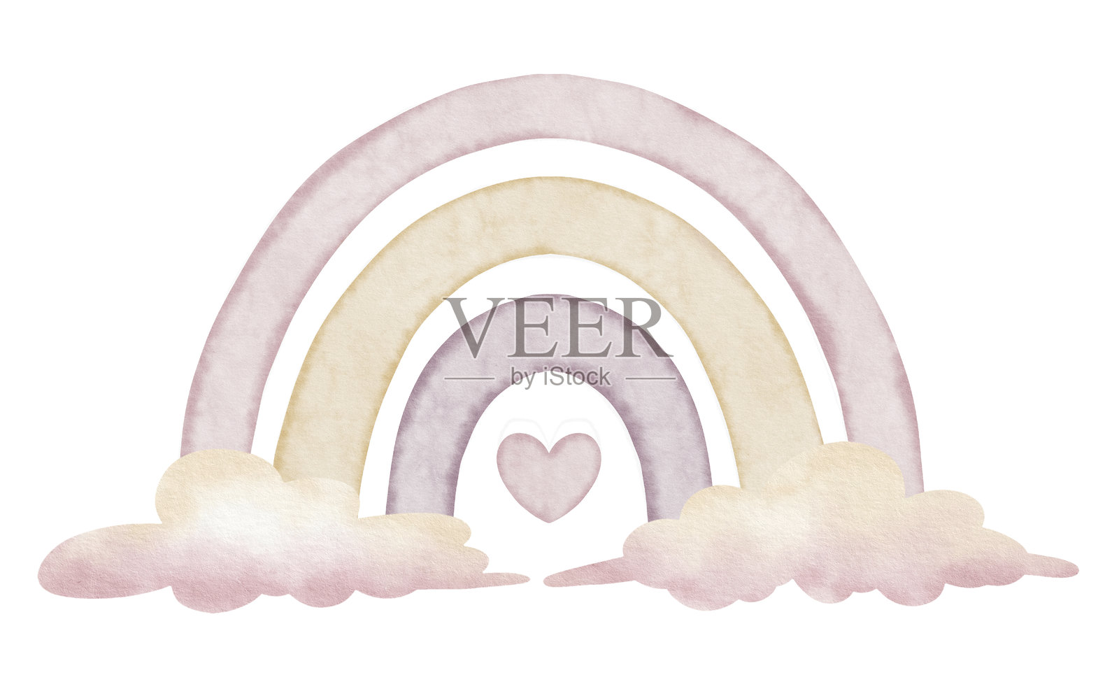 花卉彩虹与云朵和心形。水彩插图,适用于婴儿洗礼贺卡或新生儿邀请函。适合女孩婴儿房墙壁艺术的粉彩色绘画。插画图片素材