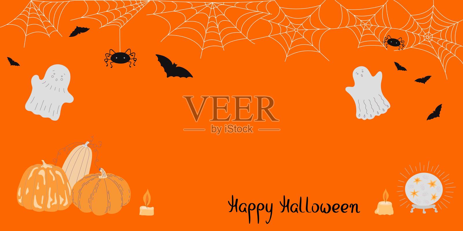 万圣节假日横幅场景,手绘蜘蛛、蛛网、南瓜、蝙蝠、鬼魂,网站节日横幅,促销公告,海报,秋季假日派对装饰,恐怖故事概念插画图片素材