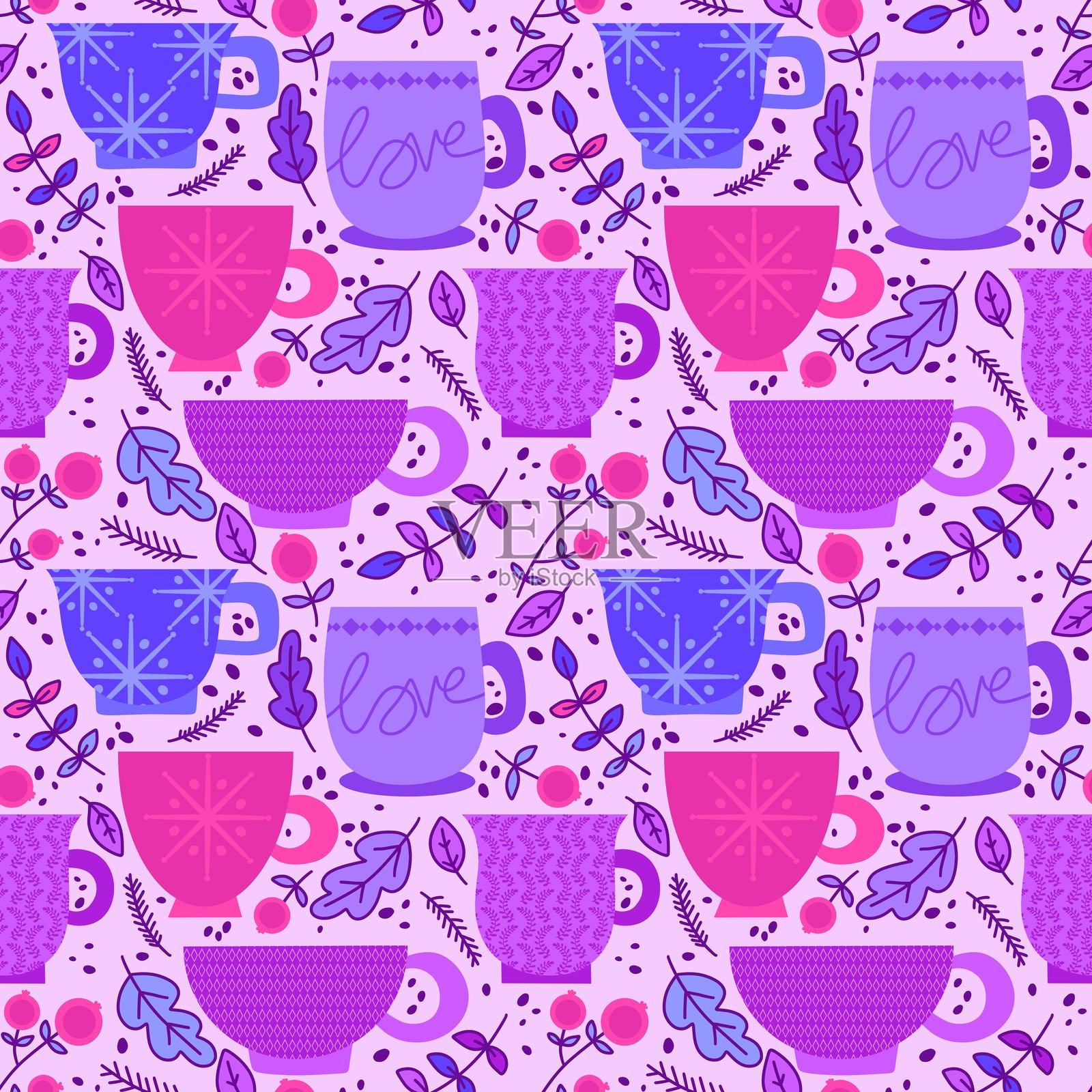 冬季圣诞无缝雪花和杯子图案包装纸插画图片素材