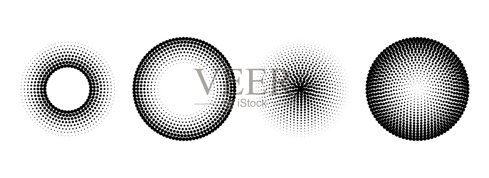 半色调同心圆集。漫画风格的磨损纹理环形集合。点状圆形几何集合。放射状波普艺术设计元素。震中、目标、雷达概念。矢量半色调圆圈。插画图片素材