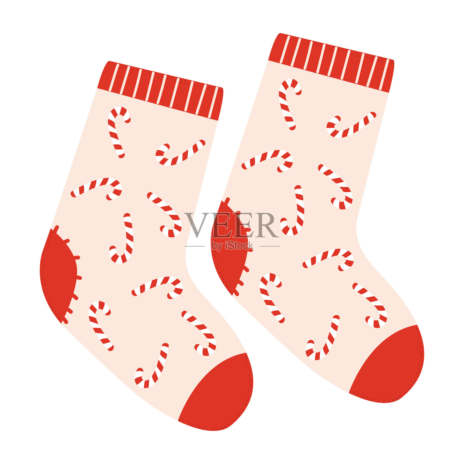 带有棒棒糖糖果图案的毛线和棉袜。成对的多彩冬季袜子,具有不同的节日图案,背景为白色。插画图片素材
