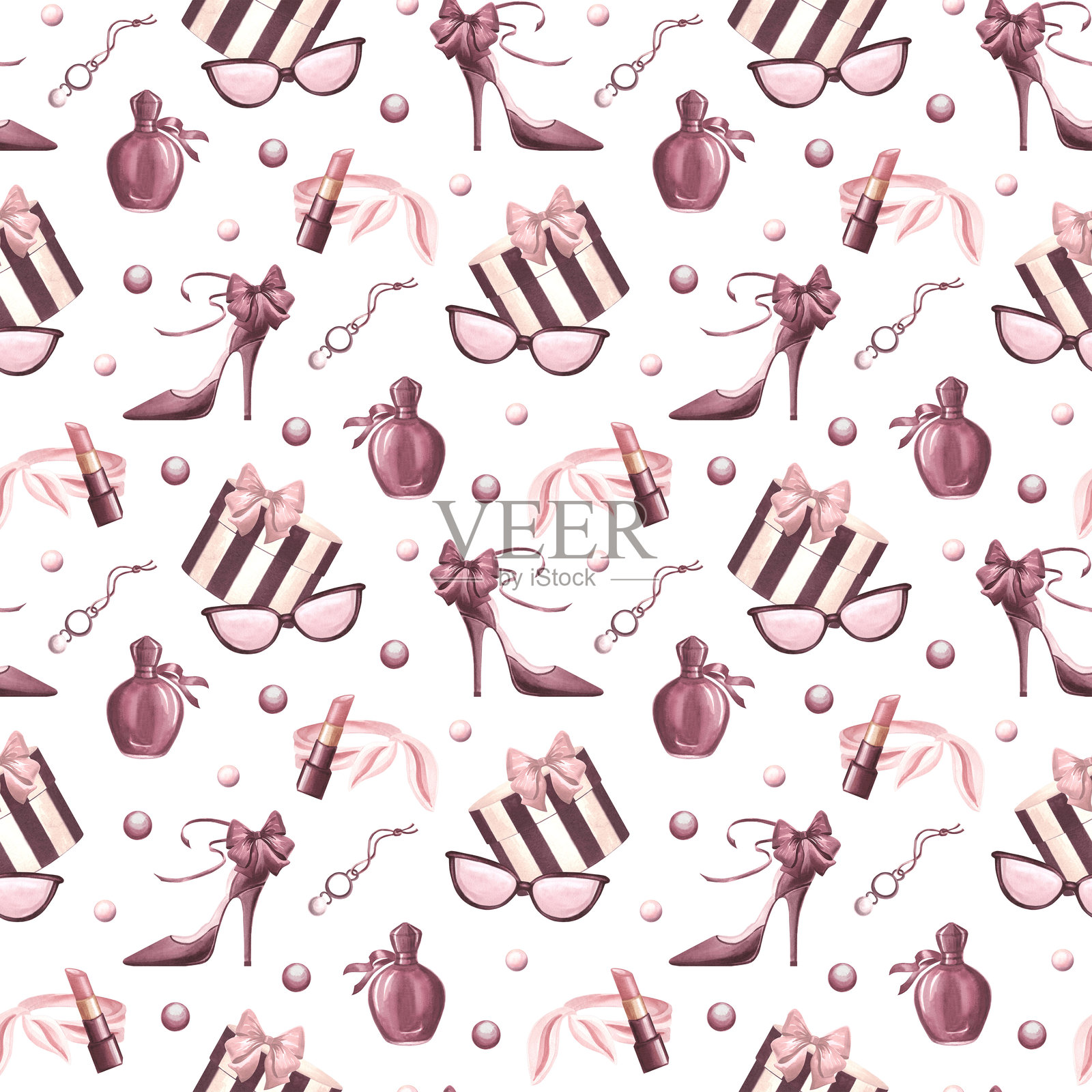 女性时尚造型的物品。无缝图案包含香水和盒子、太阳镜和口红。手绘水彩插图。时尚美容概念,适用于壁纸包装和卡片模板。插画图片素材