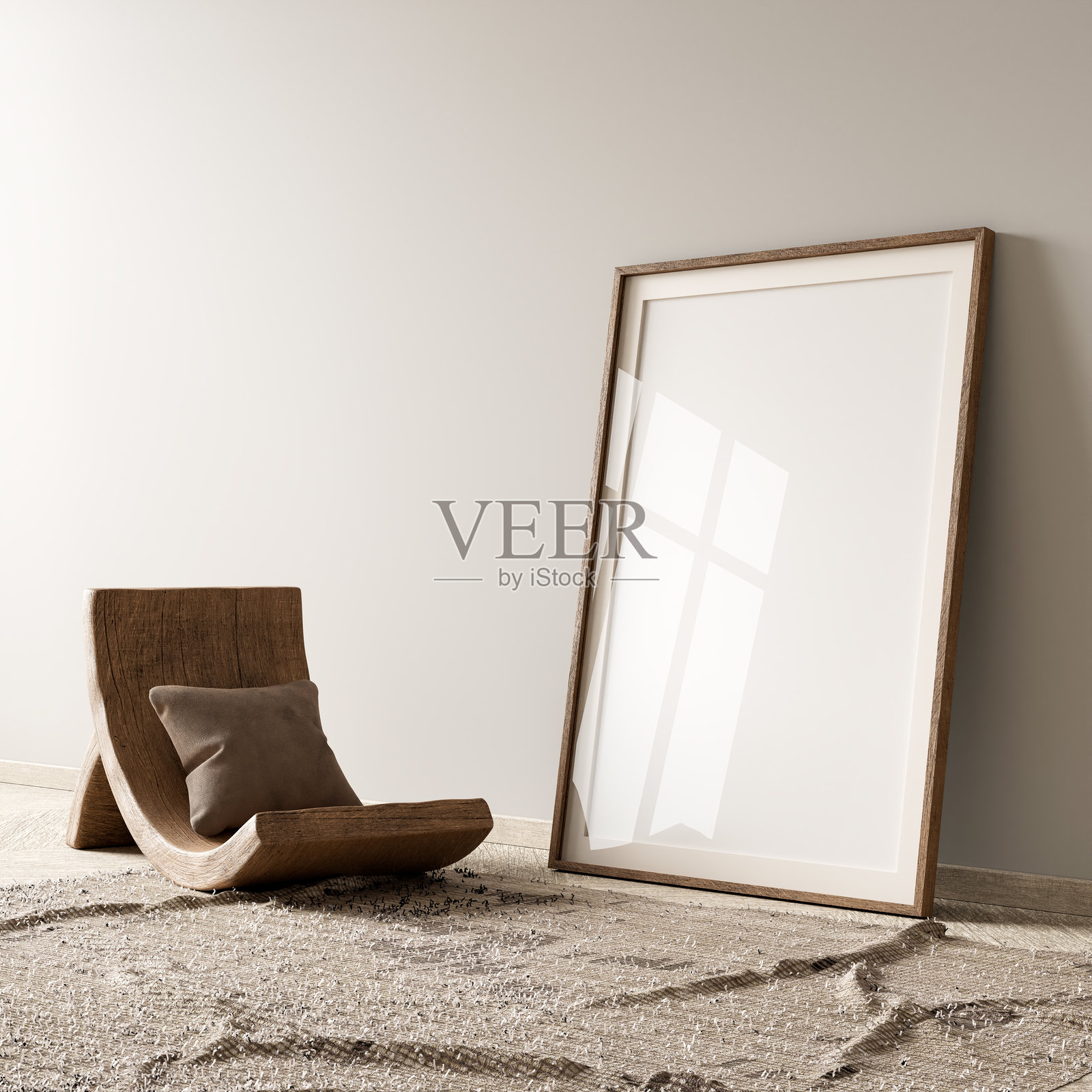 波西米亚风格装饰的客厅中的海报框模型。现代、真实的客厅室内设计,配有木质家具。3D插图。照片摄影图片