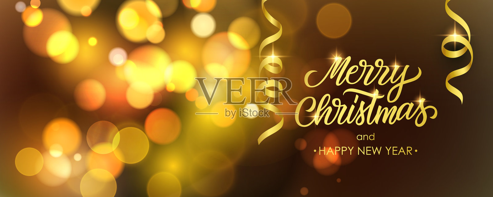 圣诞快乐和新年快乐庆祝横幅。适合圣诞问候和节日邀请的节日背景。明亮的模糊散景灯光。插画图片素材