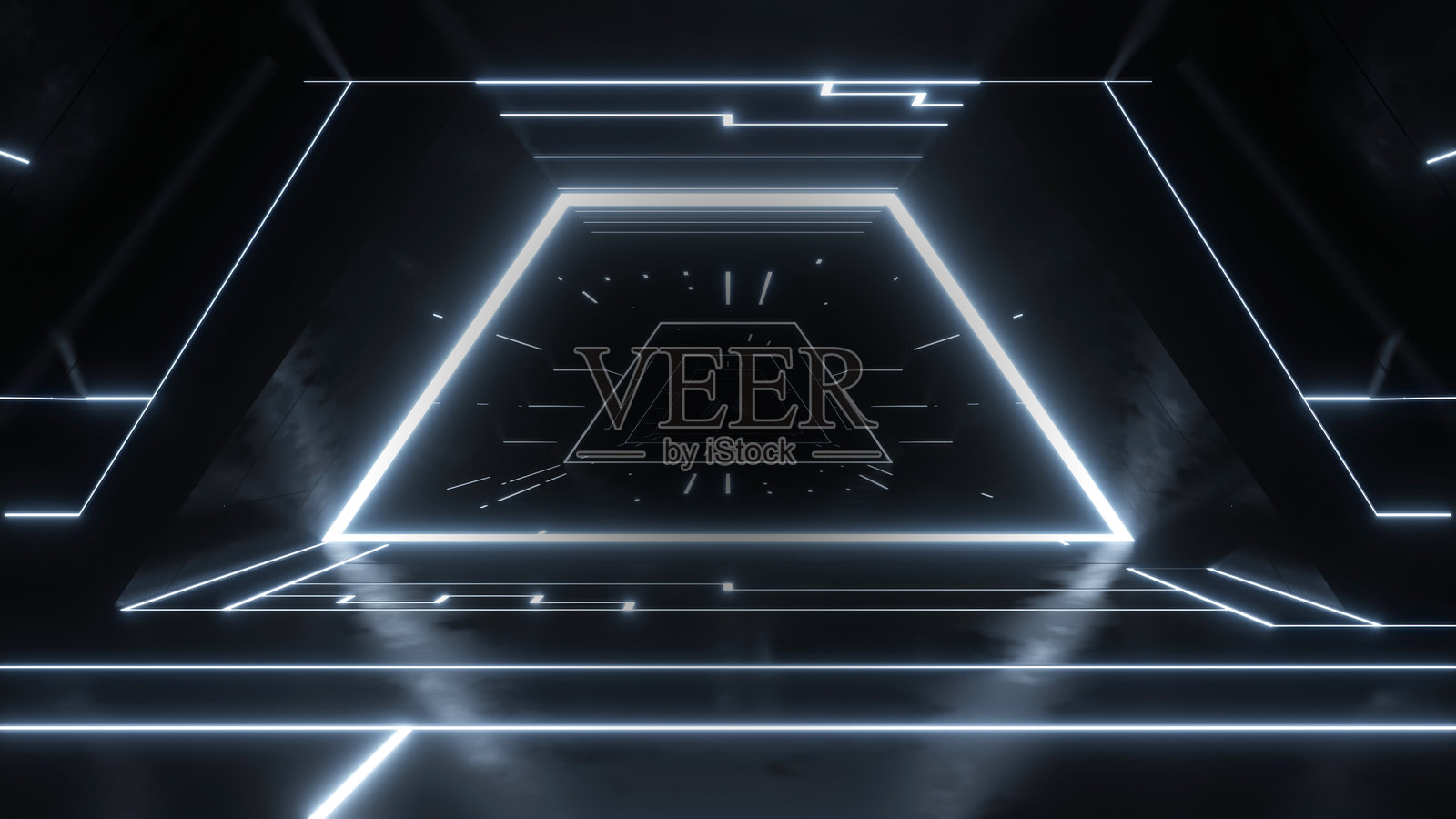 黑暗抽象科幻隧道的3D渲染,未来派飞船走廊照片摄影图片