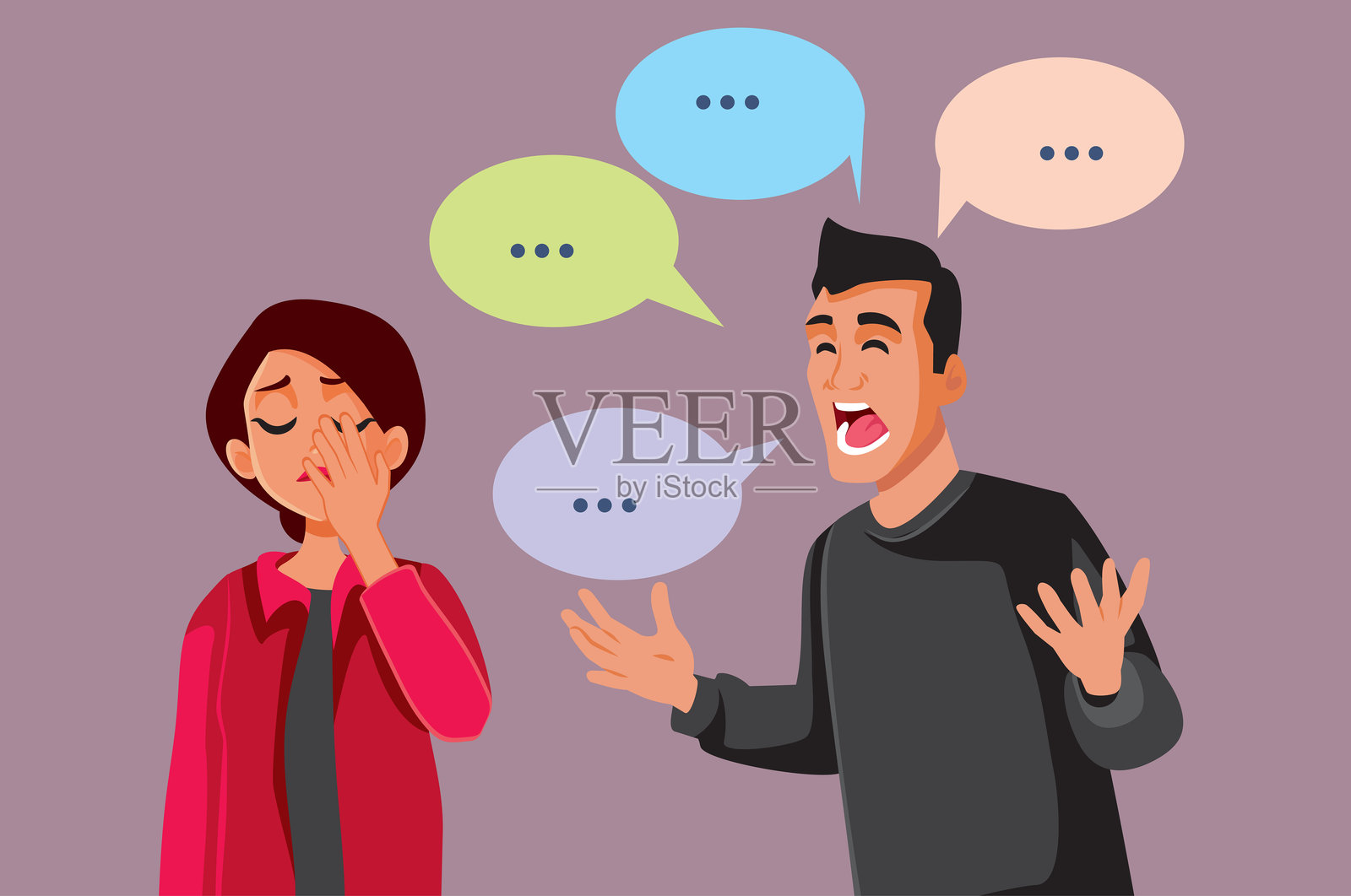 女人对喋喋不休的丈夫感到恼火的矢量卡通插图插画图片素材