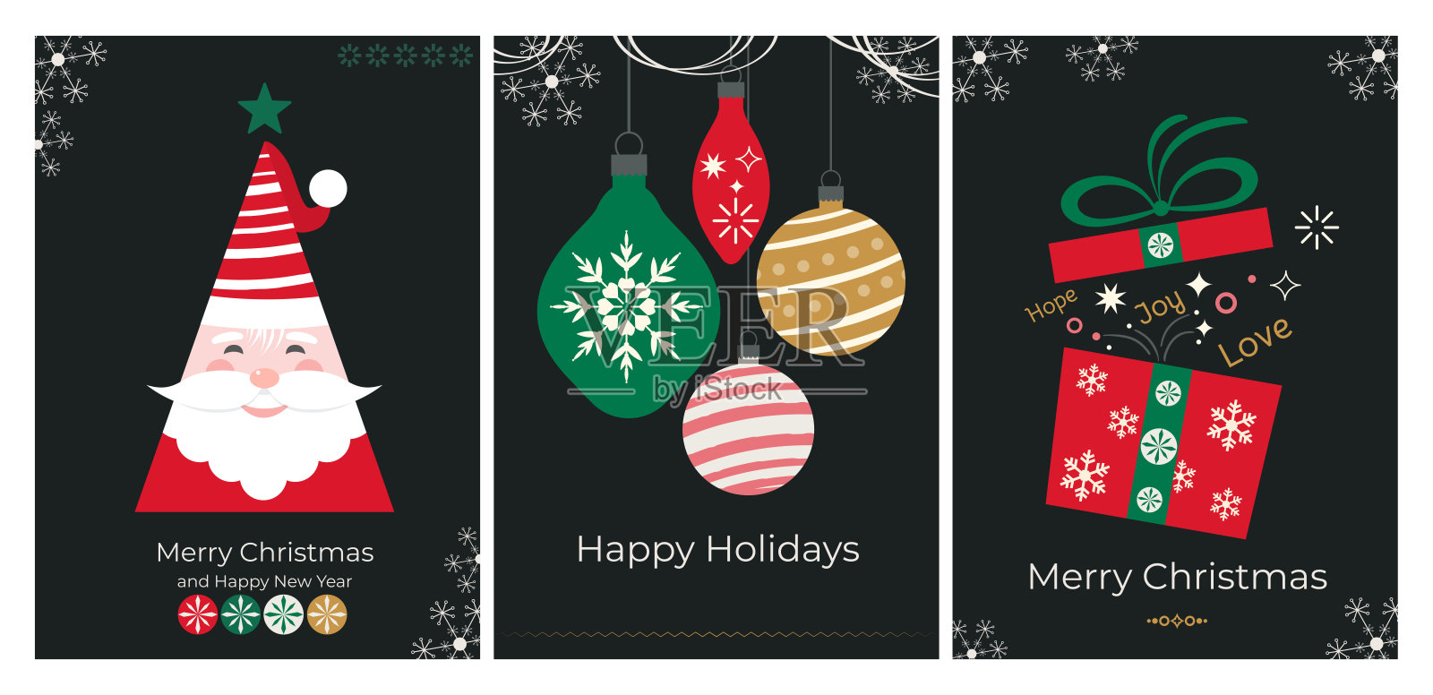 黑色圣诞贺卡三件套,包含三种不同设计,配有可爱的圣诞老人和礼物盒。所有图层均为单独和组合层。矢量图。插画图片素材
