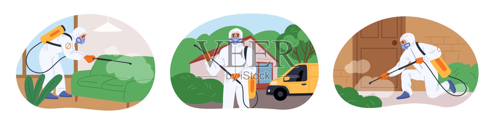 灭虫和灭鼠专家。害虫控制。专业人员喷洒化学药剂和杀虫剂。穿着防护服的工人。室内和室外灭杀。鲜艳的矢量图集。插画图片素材
