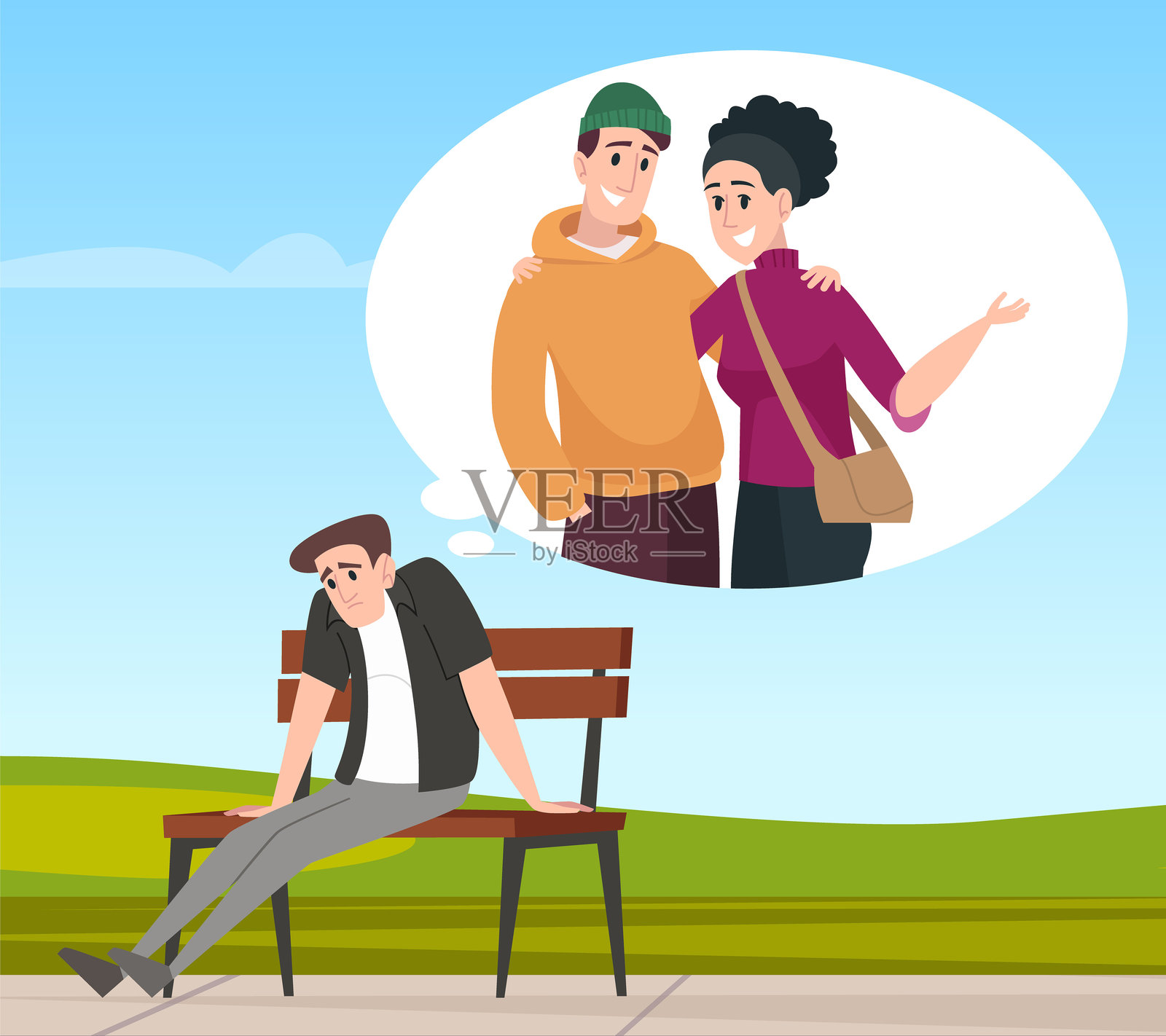 恋人分离。伤心的男人回忆快乐的爱情插画图片素材