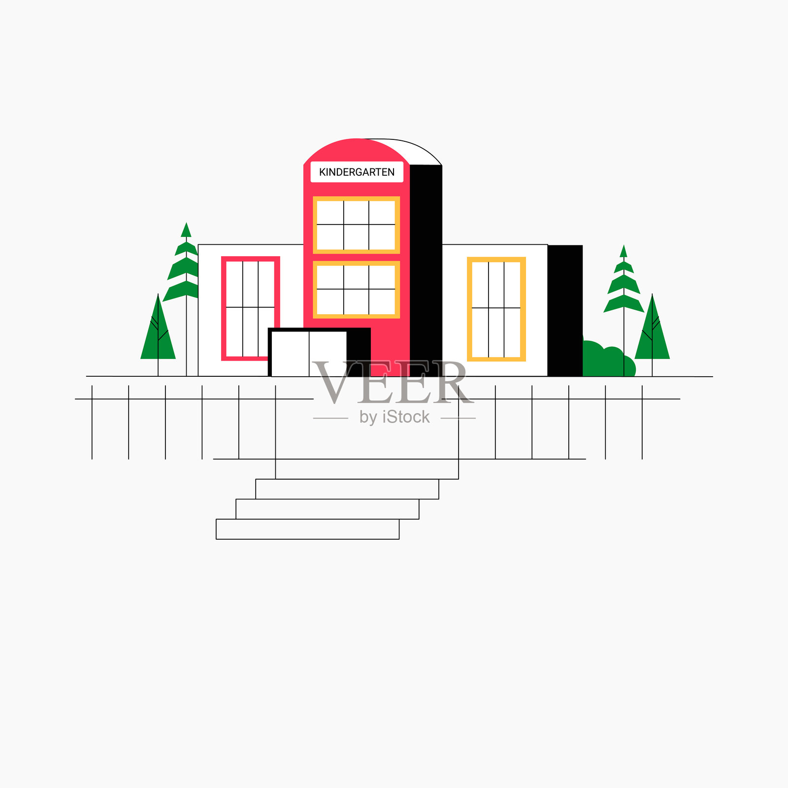 幼儿园建筑的扁平矢量插图,象征着教育、早期学习和儿童照护,背景为白色。插画图片素材