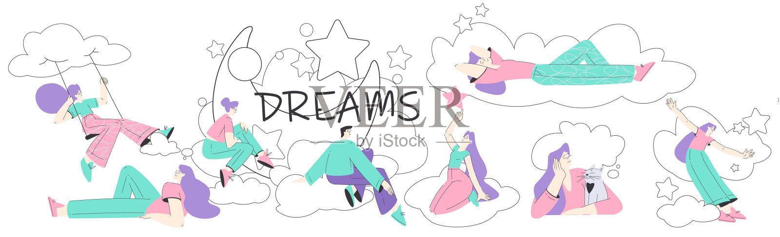 梦幻人物角色头顶云朵,拥有奇妙的想象力矢量插图插画图片素材