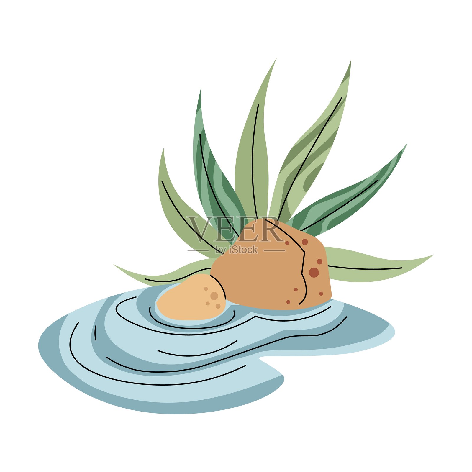 热带叶子和池塘在白色背景上。平面卡通风格的水体和植被景观。适合用于服装、壁纸、贺卡等设计的婴儿剪贴画。插画图片素材