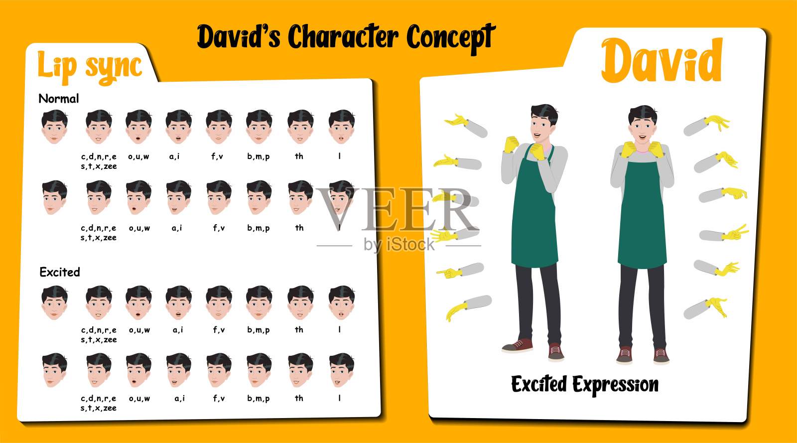 兴奋的管家卡通角色,别名大卫。看护者卡通矢量角色。兴奋的面部表情和口型同步。看护者的多种手势和正面及三分之一侧立姿势的组合。插画图片素材