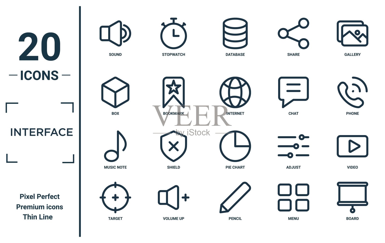 线性图标集接口。包括细线声音、盒子、音符、目标、板、互联网、视频图标,用于报告、演示、图表、网页设计。插画图片素材