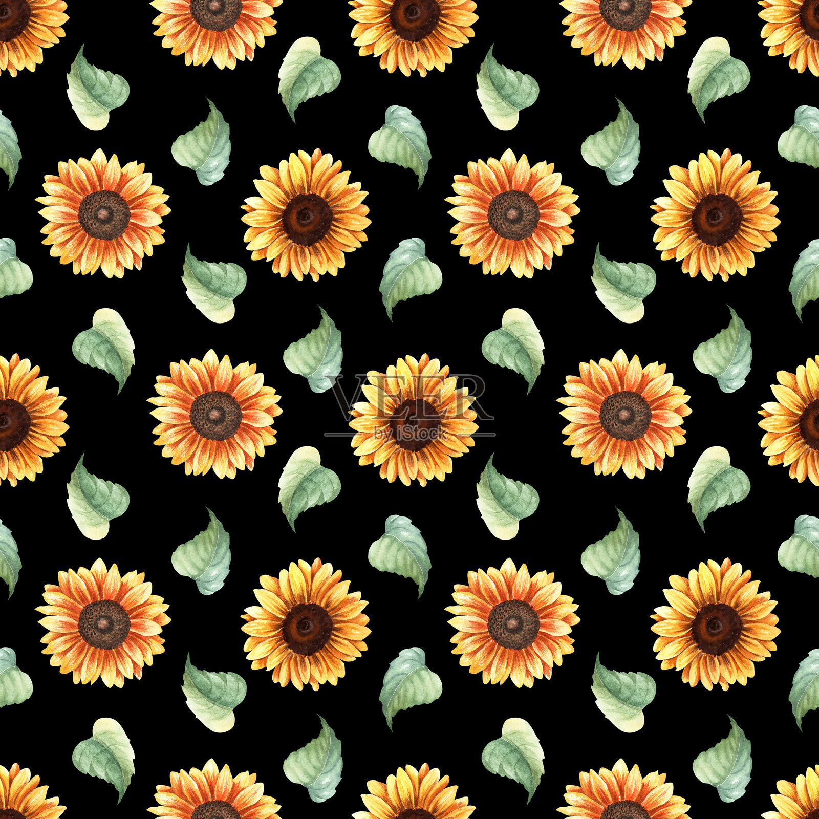 水彩无缝重复图案:黄色向日葵花朵和叶子,手绘包装墙纸织物插画图片素材