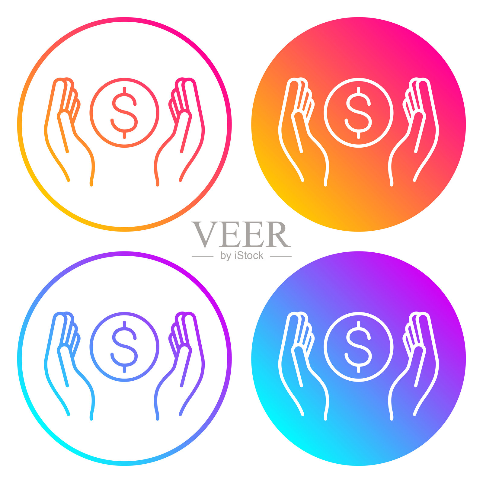手中握着的美元硬币。带有颜色渐变的圆形图标插画图片素材