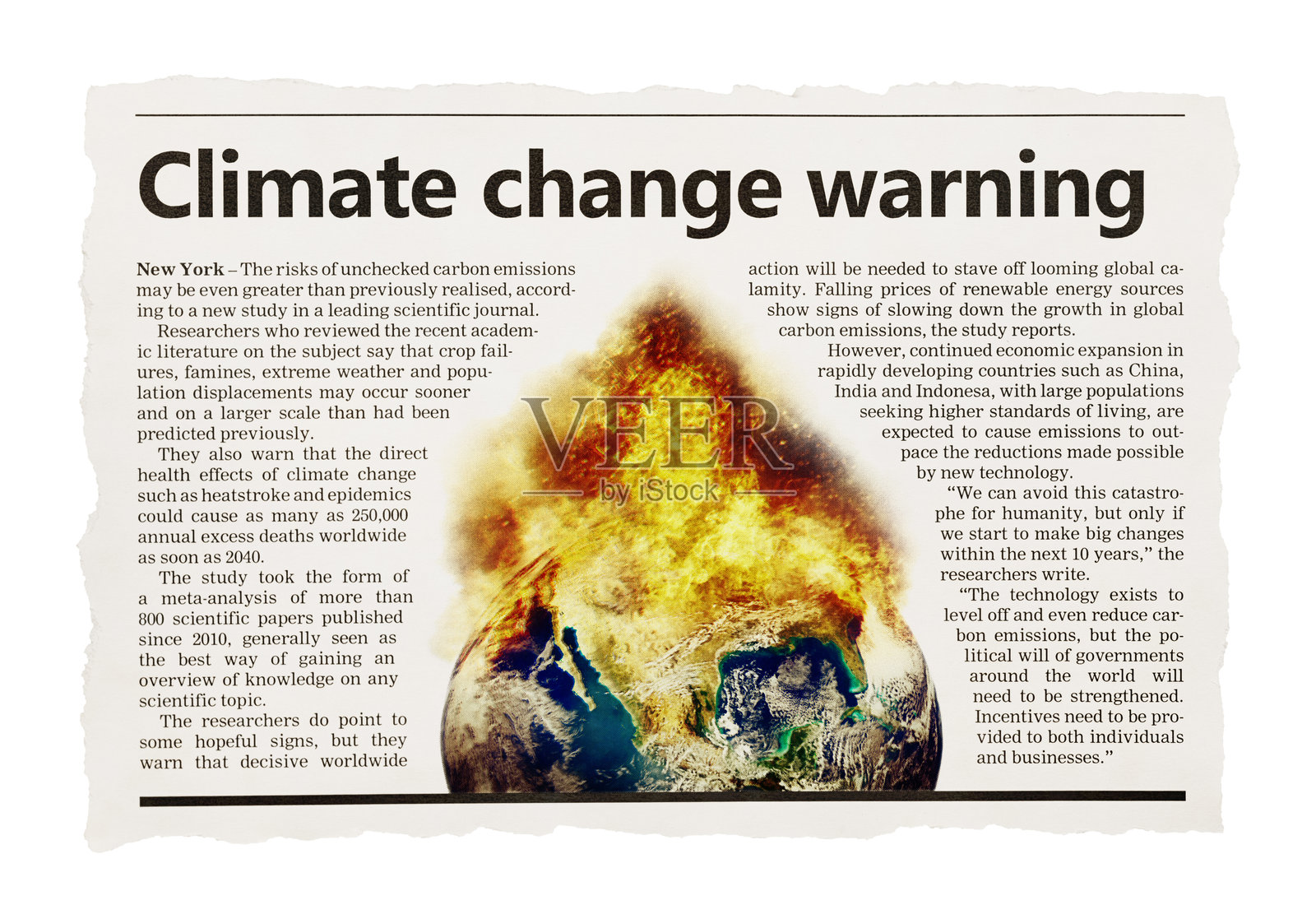 气候变化警告报纸剪报照片摄影图片