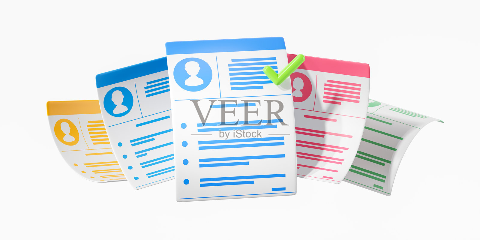 白色背景上带有绿色复选标记的彩色简历文件3D渲染照片摄影图片
