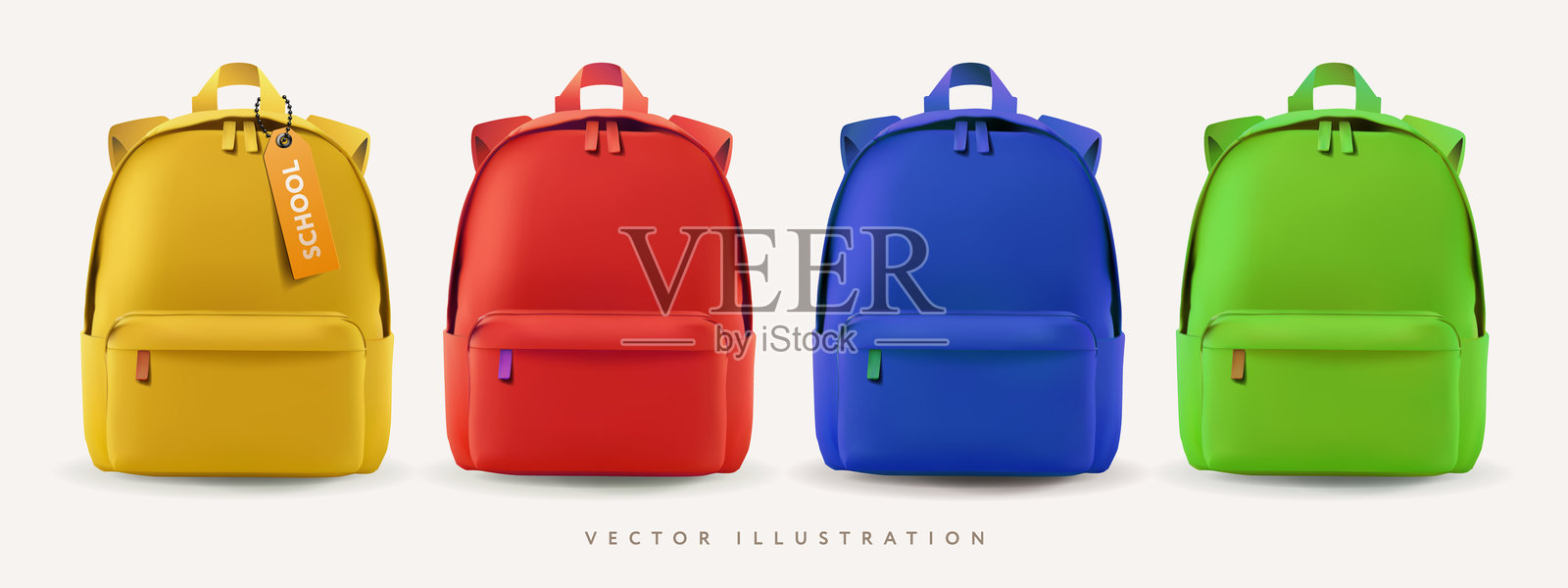 明亮多彩的书包。开学主题的模型。带有红色、绿色、黄色和绿色背包的3D矢量插图。教育横幅设计。插画图片素材