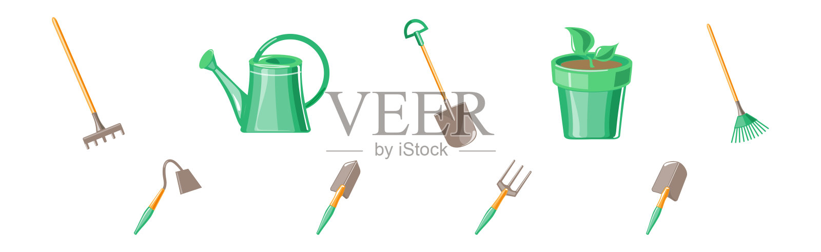 带铲子、花盆、耙子和浇水壶的园艺工具矢量套件插画图片素材