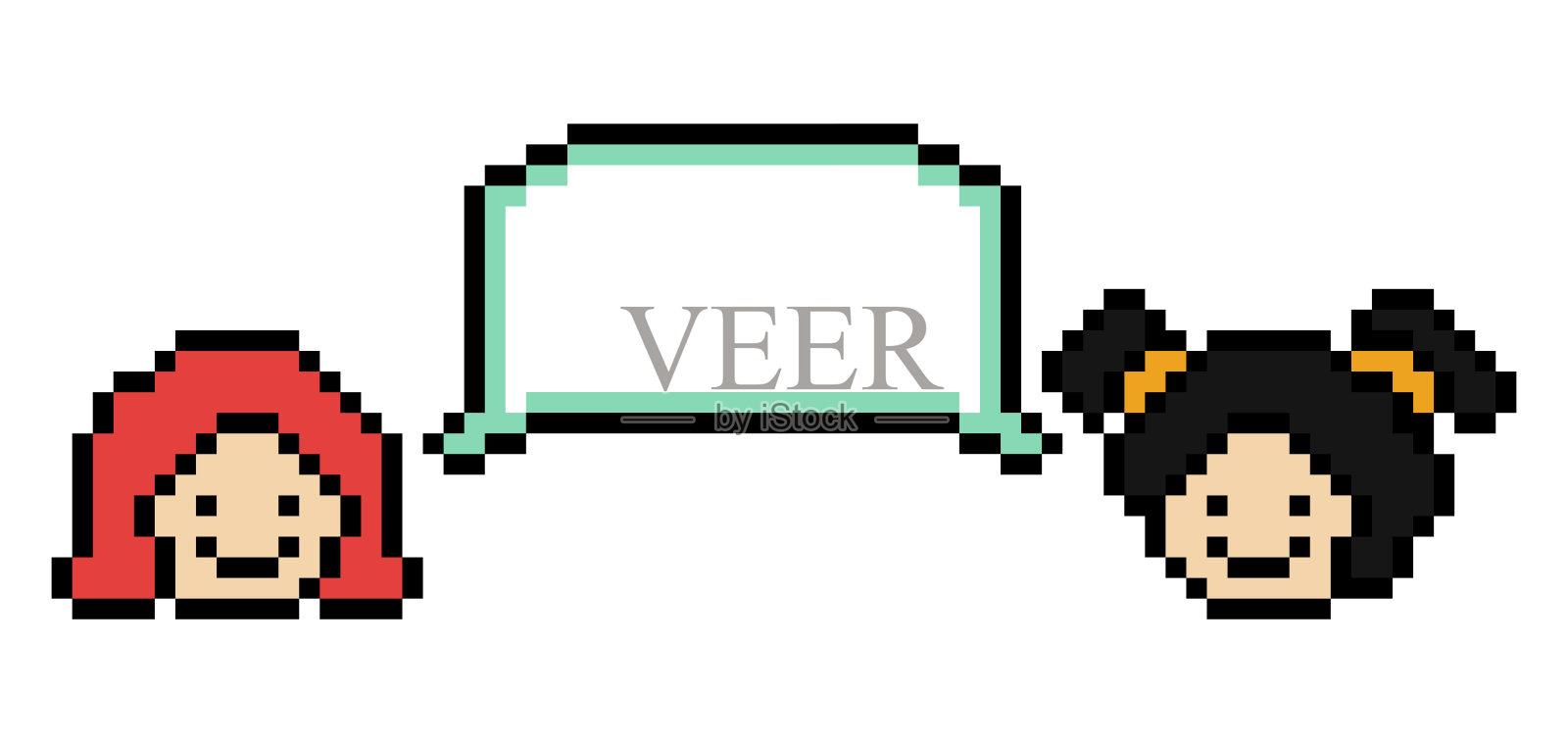 卡通像素可爱卡通角色面孔,女性团队,带有聊天框的装饰,8位女性女孩讨论想法,聊天框,卡通像素游戏矢量图。插画图片素材