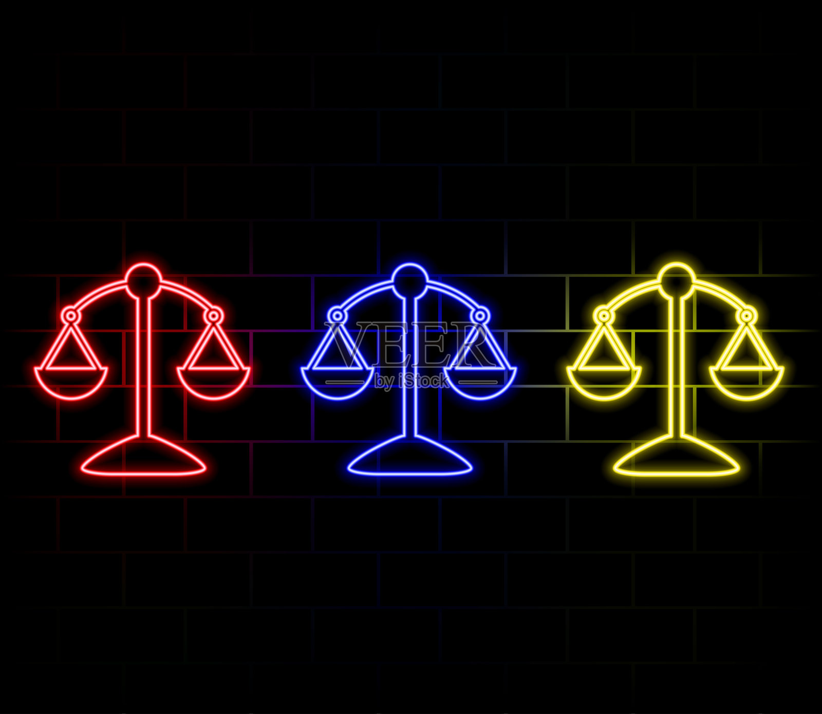 霓虹正义天平图标:法律、公正、律师机构矢量图标插画图片素材