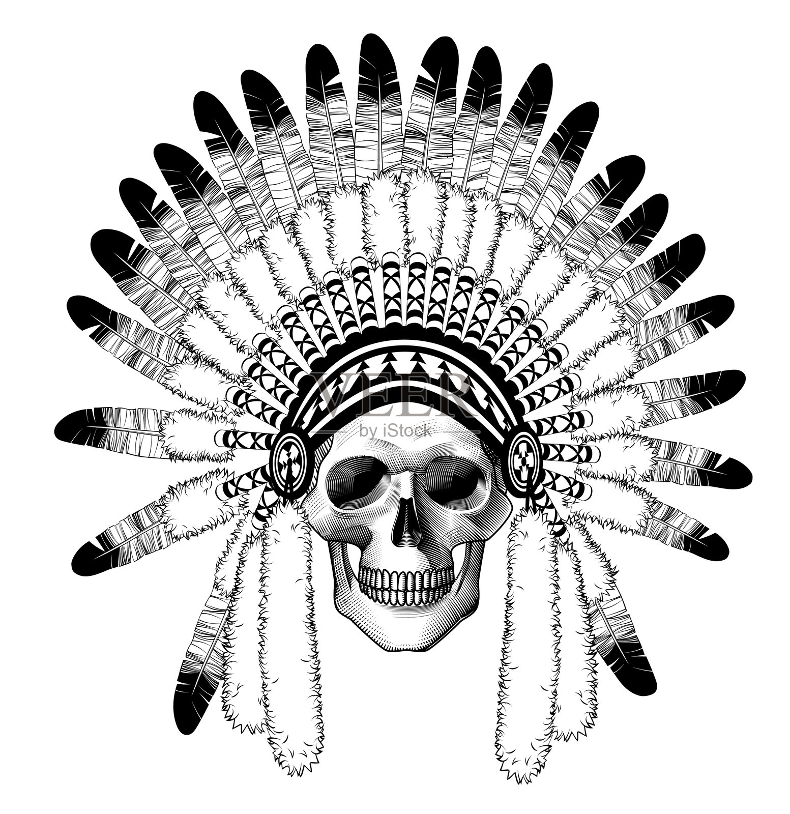 戴印第安传统头饰的骷髅正面像插画图片素材