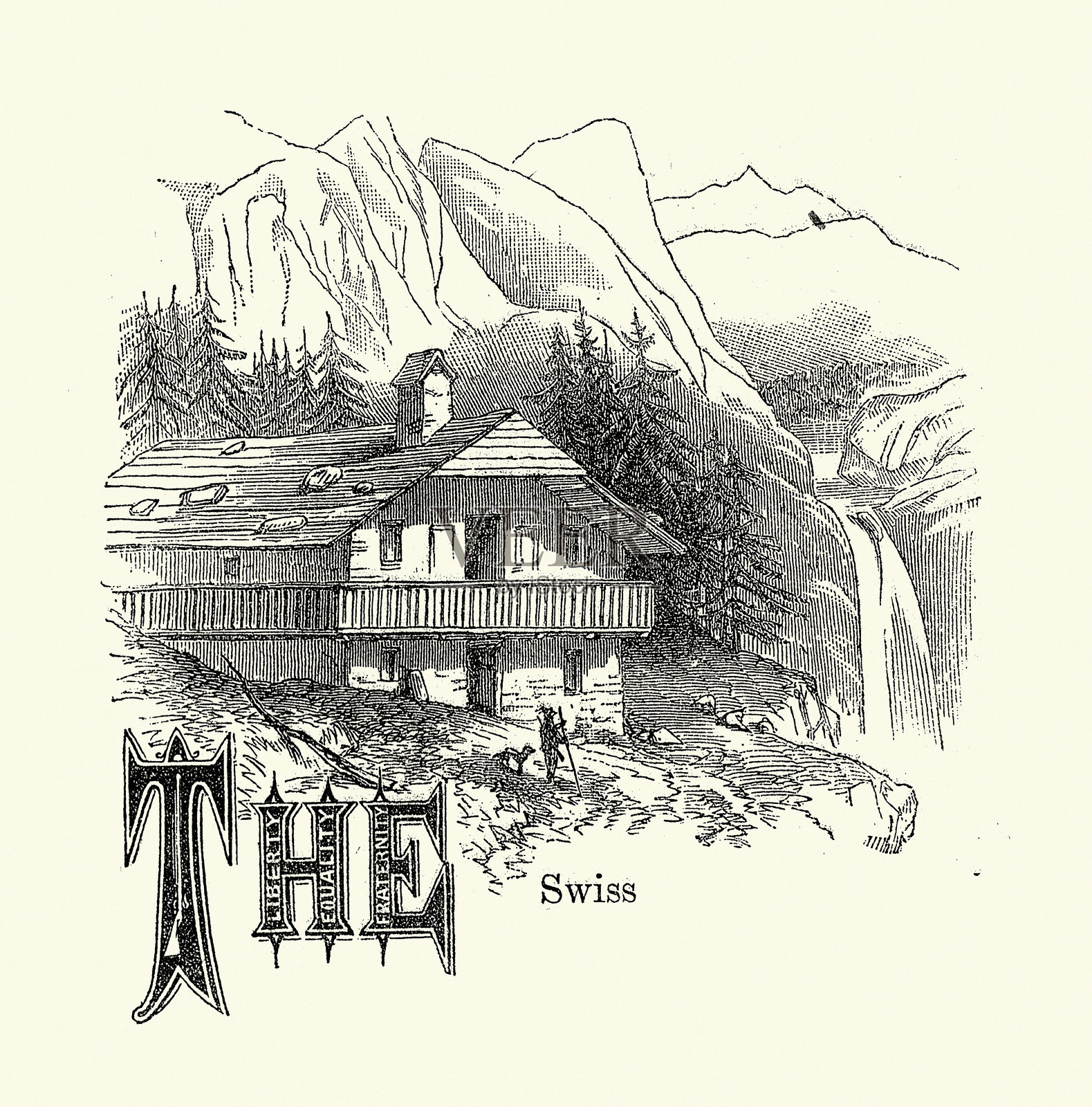 瑞士小木屋,瑞士,维多利亚19世纪,复古插图插画图片素材