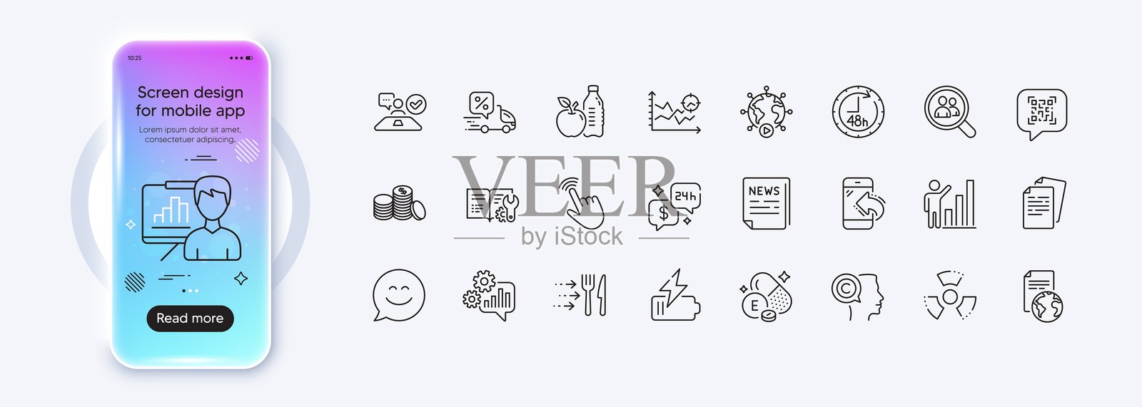 搜索员工、假新闻和文档线条图标,用于网络应用程序。图标图示。手机模型渐变屏幕。矢量。插画图片素材