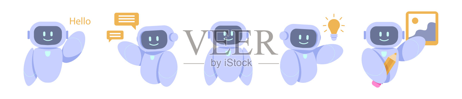 一组人工智能聊天机器人。可爱的智能机器人以各种姿势独立展示。矢量插图。插画图片素材