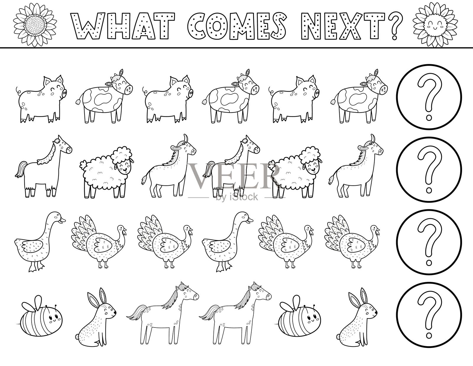 接下来是适合孩子们的黑白活动页,包含可爱的农场动物。插画图片素材