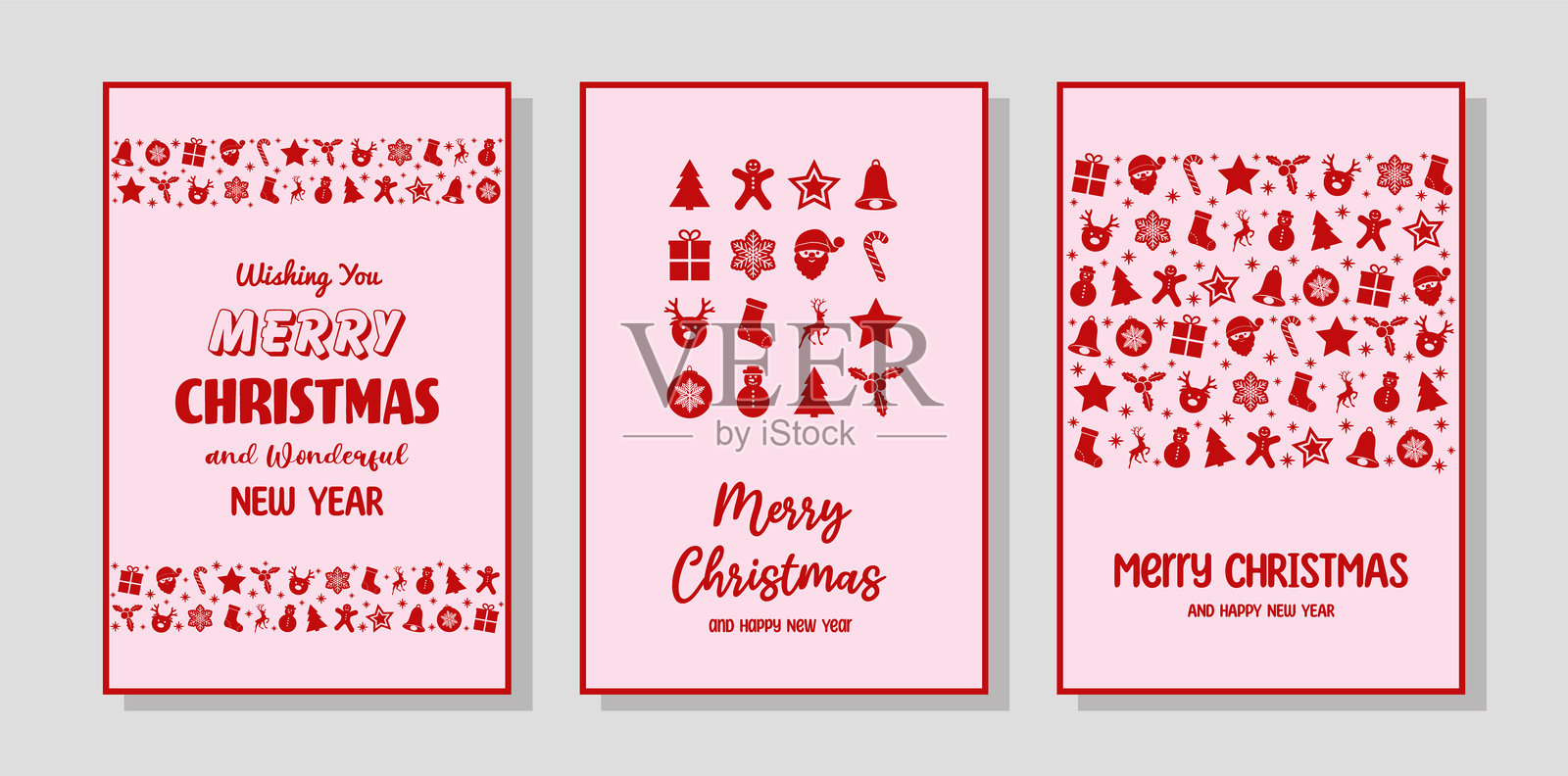 复古风格的圣诞贺卡系列。圣诞老人、圣诞树、驯鹿、礼物和雪花图标。矢量插图插画图片素材