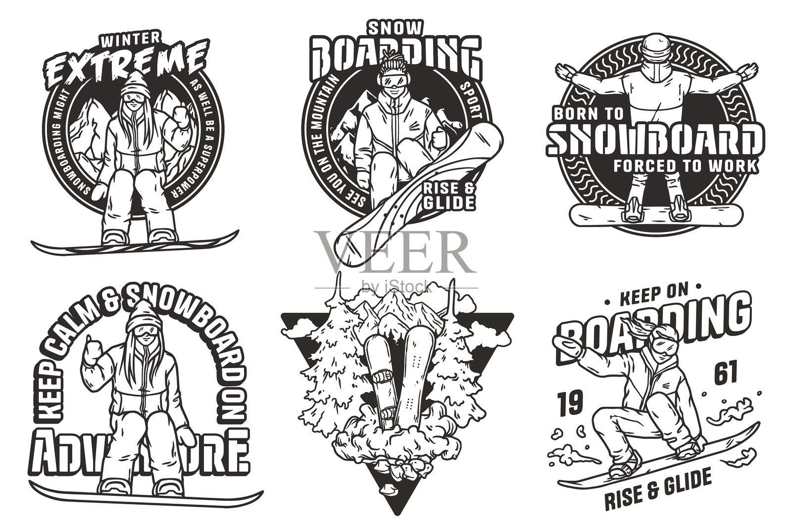 复古风格单板滑雪激情,冬季运动爱好者山地探险插画图片素材