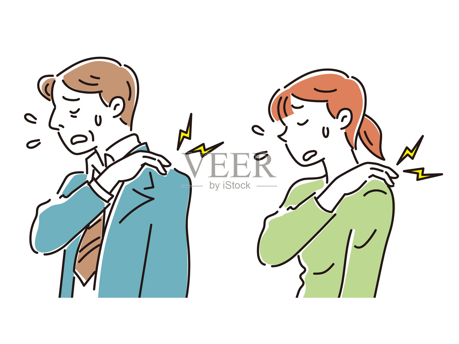 一位商人和一位年轻女性正在遭受肩部疼痛。插画图片素材
