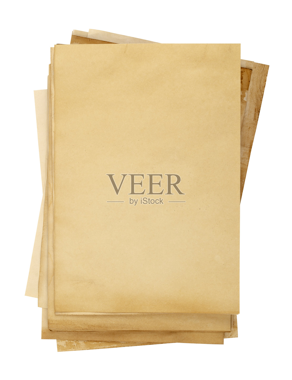 一堆旧纸张孤立在白色背景上。照片摄影图片