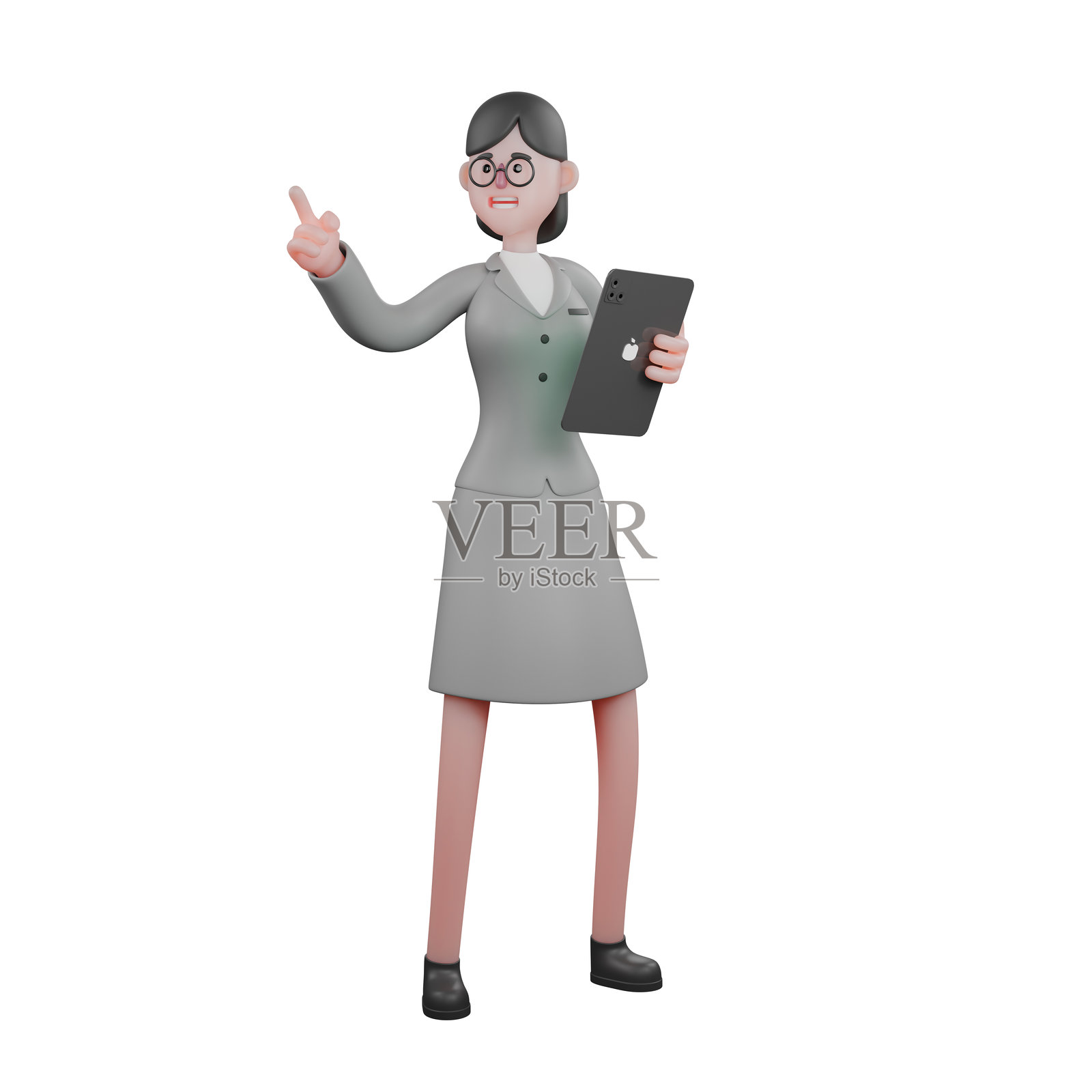 专业男性记者的3D形象。一位女性记者左手持平板,右手指向某个方向。播报角色照片摄影图片